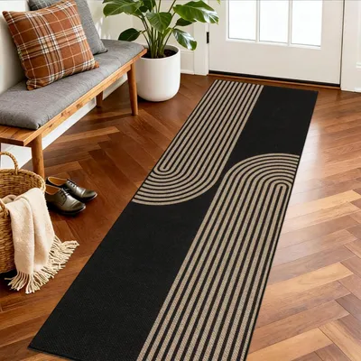Zdjęcie produktu dla Dywanik do przedpokoju, antypoślizgowy, nadający się do prania, 60x180 cm, geometryczny wzór, kolor czarny