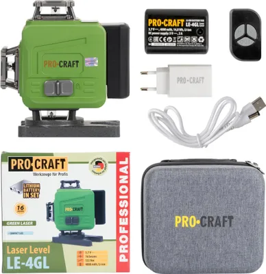 Obrázok produktu pre Procraft LE-4GL akumulátorový čiarový / krížový laserový set 3,7 V 40 m zelený samonivelačný vrátane batérií, nabíjačky a príslušenstva