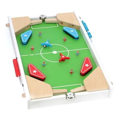 A top-down view of a wooden pinball game with a green playing field.