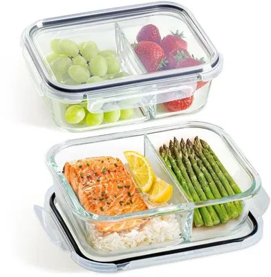 Produktbild von Unyqoos® Glas-Frischhaltedosen 2er-Set – Meal-Prep-Boxen mit 2 Fächern, 1 L, 20×15×7 cm, luftdicht, ofen- & mikrowellengeeignet (ohne Deckel bis 200°C), BPA-frei