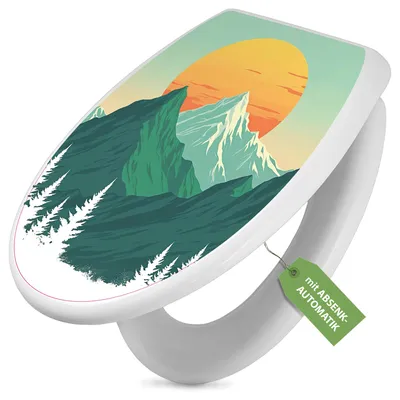 Produktbild von Toilettendeckel weiß mit Absenkautomatik und Motiv Sonnenaufgang über den Bergen [TDW 13170]
