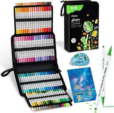Productafbeelding van Acryl Stiften 120 Dubbele Punt Penseel & Stip voor Steen Hout Glas - Acrylmarkers