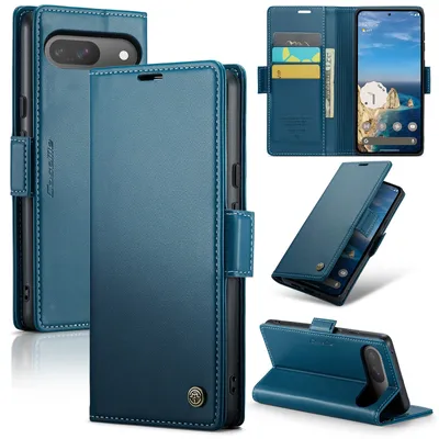 Produktbild von Lederhülle für Google Pixel 9 / Pixel 9 Pro Brieftasche Kartenfach Schutzhülle mit Standfunktion Blau