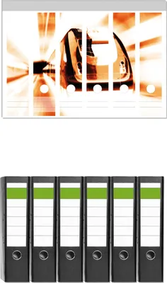Produktbild von Wallario 6 Stück breite Ordner inkl. Klebeetiketten mit Motive Fahrender Zug von vorn Design - Perspektive von vorn -  Set mit Rückenschildern / Ordnerrücken Stickern