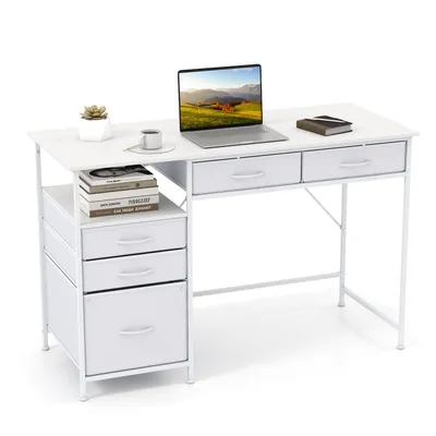 Zdjęcie produktu dla COSTWAY Biurko komputerowe 120 x 50 cm, biurko do domowego biura z półką, szufladami z tkaniny i metalową ramą, biurko do gier do małych pomieszczeń, biurko pod komputer, białe