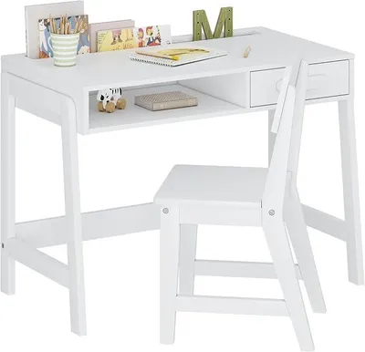Imagen del producto de Escritorio y silla para niños, escritorio infantil con cajones, mesa de estudio de madera para niños, escritorio para estudiantes, estación de trabajo para computadora ideal para dormitorios y oficinas