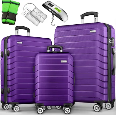 Immagine prodotto di tillvex® Set di valigie da viaggio 3-TLG. + bilancia per bagagli, 6X cinghie per bagagli & 3X etichette per bagagli | set di valigie a 4 ruote | valigia trolley TSA lock | valigia con ruote set di valigie a guscio duro S-M-L-XL (LIla)