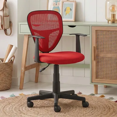 Produktbild von Schreibtischstuhl Kinder STUDIO ergonomisch, Rot - Bürostuhl für Kinderzimmer, drehbar und höhenverstellbar mit Armlehnen, atmungsaktiver Meshbezug [max. Belastbarkeit 100 kg]
