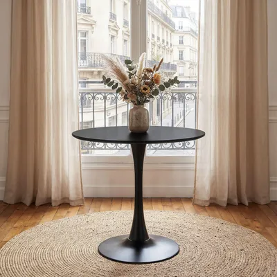 Produktbild von Esstisch LOIRE, rund 80 cm, Schwarz - Esszimmertisch mit Tulpenfuß, runder Küchentisch aus lackiertem MDF, ideal für kleine Essbereiche, modernes Design, pflegeleicht und robust