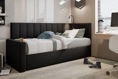 Produktbild von TRADA Tokio Jugendbett Boxspringbett 90x200 mit Hohes Kopfteil und Matratze Schwarz Links