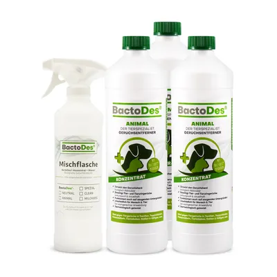 Produktbild von BactoDes Animal Geruchsneutralisierer Geruchsentferner 3x1 Liter Flasche inkl. Mischflasche für Tiergerüche