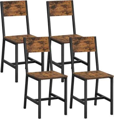 Four industrial-style dining chairs with wooden seats and backs and black metal frames are arranged in a studio setting.
