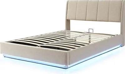 Produktbild von LED Polsterbett 'Tröstiar' mit Bettkasten Leinen 140 x 200 cm Beige