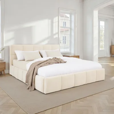 Produktbild von Polsterbett CLOUD gepolstert 180 x 200 cm, Cremeweiß – modernes Doppelbett mit Samt Stoffbezug, inklusive Lattenrost und gepolstertem Kopfteil