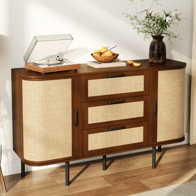 Produktbild von okwish Kommode mit abgerundeten Ecken, Sideboard mit 3 Schubladen und verstellbaren Einlegeböden,geflochtenen Fronten,Nussbaum