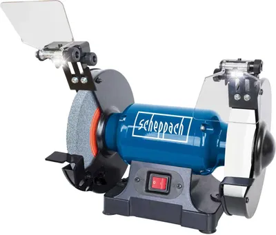 A blue and gray Scheppach bench grinder with two grinding wheels and protective shields.