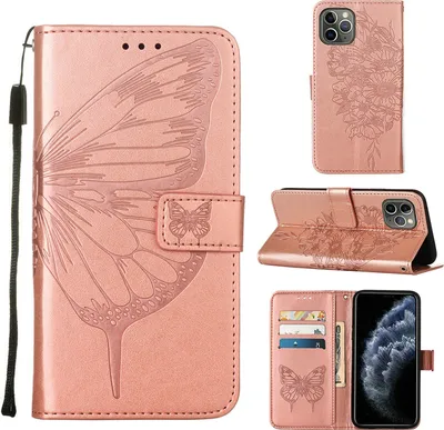 Produktbild von iPhone 11 Pro Max Hülle, Schmetterling Prägung Flip Leder Kartenfächer Schutzhülle Ledertasche mit Ständer für iPhone 11 Pro Max Roségold