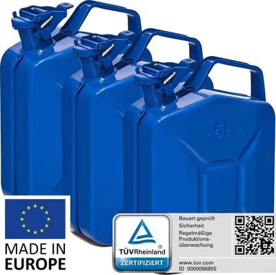 Produktbild von BW® Kraftstoffkanister Metall Benzinkanister 3x 5 Liter - Blau RAL 5005 - UN-Zulassung - Hergestellt in Europa