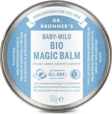 The image shows the top view of a round metal tin containing Dr. Bronner's Baby-Mild Bio Magic Balm.