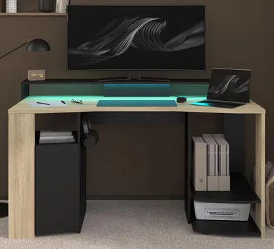 Produktbild von Gamingtisch "Meta" in Eiche und schwarz Gamer Schreibtisch inkl. LED mit Farbwechsel 152 cm