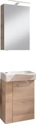 Produktbild von FACKELMANN SBC B.CLEVER Gäste WC Waschtisch Set mit Spiegelschrank 45 cm breit, Braun hell, Türanschlag rechts  Komplettset für kleine Bäder und Gäste-WCs