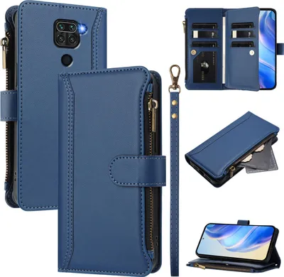 Image de Etui pour Xiaomi Redmi 10X 4G/Redmi Note 9, zippé, étui portefeuille en cuirPolyuréthaneavec pochettes pour cartes, support et dragonne bleu