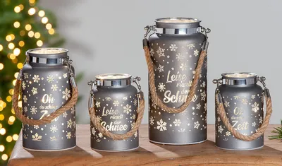 Zdjęcie produktu dla GILDE Windlicht (LED), "Winterzeit", Schneeflockenmotiv, Spruch, Glas, grau, , 2 Stück wie abgebildet, H. 20 cm, D. 10 cm 44675