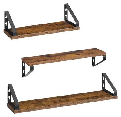 Immagine prodotto di Mensole a muro sospese, set da 3 – stile rustico, salvaspazio – 12,7 x 60 x 11,2 cm – marrone e nero