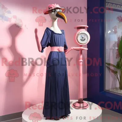 Produktbild von Maskottchenfigur REDBROKOLY eines marineblauen Flamingos mit Empire-Kleid und Kummerbund