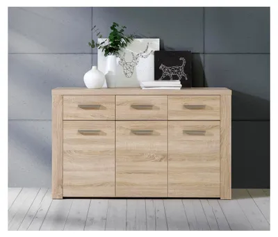 Produktbild von Sideboard mit 3 Schubladen und 3 Türen aus Holzwerkstoff in Sonoma Eiche, B x H x T: 136 x 83 x 41,3 cm