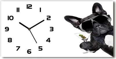 Produktbild von Wanduhr aus Glas – 60x30 cm - Glasbild - Glasuhr - Gehärtetes Glas - schwarze-zeiger - Hund mit Martini