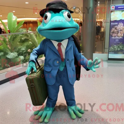 Produktbild von Maskottchen REDBROKOLY eines blaugrünen Frosches mit Anzugjacke und Messengerbag