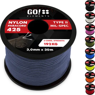 Produktbild von GO!elements 30m Paracord Seil aus reißfestem Nylon - 3mm Paracord 425 Typ II max. 192kg - Schnüre als Outdoor Seil, Allzweckseil, Survival Seil, Armband, Hundeleine, Nylonschnur, Farbe: Grau-Blau