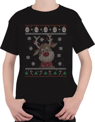 Produktbild von Süßes Rentier - Ugly Christmas Sweater Weihnachten Uni Kinder T-Shirt, Schwarz, 116