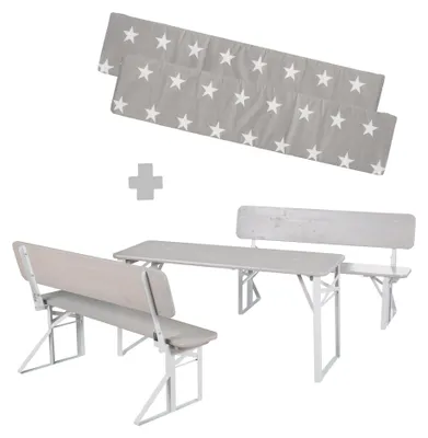 Produktbild von roba Outdoor Party-Garnitur für Kinder + Polster 'Little Stars' - Kindersitzgruppe mit Lehne aus Holz - 2 Bänke + 1 Tisch - Klappbare Sitzmöbel - Grau