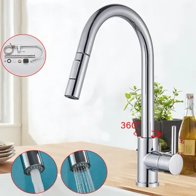 Produktbild von MODFU Wasserhahn Küche 360° Küchenarmatur mit Ausziehbarer Brause Spültischarmatur aus Edelstahl Mischbatterie Küche mit Dual-Spülbrause Silber