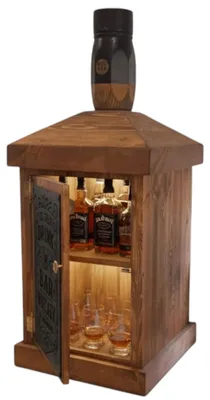 Image de Meuble bar weeco en pin massif, motif bouteilles de whisky, marron, style rustique, avec éclairage LED, bar de salon, 110 × 50 × 50 cm