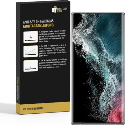 A product box for an anti-spy screen protector is shown next to a smartphone with a screen protector applied.