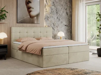 Produktbild von MKS MEBLE Boxspringbett 180x200 mit Bettkasten und Matratze H4, Polsterbett 180x200 mit Bettkasten, Bett 180x200 mit Stauraum und Topper - Centos - Beige Velvet