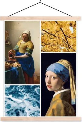 Produktbild von MuchoWow® Textilposter Collage - Vermeer - Milchmädchen - Mädchen mit Perlenohrring 60x80 cm mit holzfarbenen Rahmen - Wandbild