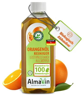 Produktbild von AlmaWin® Orangenölreiniger ÖKO [6x 500ml] ideal als starker Allesreiniger & Fettlöser - Veganes Orangenreiniger Konzentrat in recycelter Flasche - Besonders ergiebiger Orangenöl Reiniger