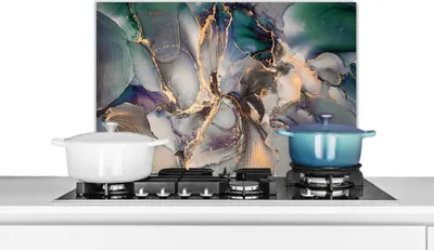 Obrázok produktu pre KitchenYeah® Kuchynský splashback - Kuchynský splashback - Ochrana steny sporáka a drezu - Zlatý - Modrý - Mramor 60x40 - Alu-Dibond (alternatíva skleneného splashbacku) - Tepelne odolný - Splashback na sporák