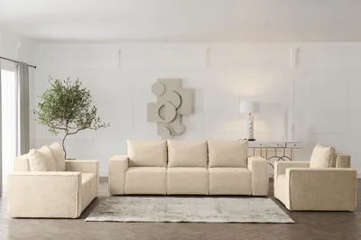 Produktbild von Sofaset Designersofa ESTELLE 3-2-1 mit Schlaffunktion Stoff Abriamo Beige