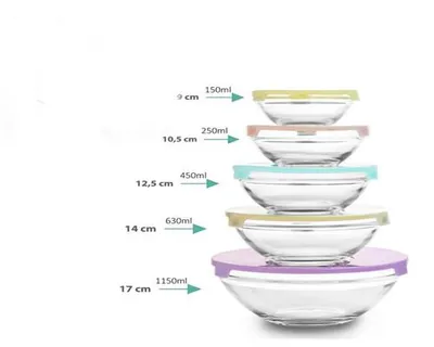 A stack of glass bowls with lids, with measurement and volume labels pointing to each bowl.