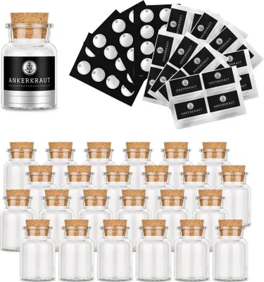 Produktbild von Leeres Korkenglas, klein mit Etiketten und Deckelsiegel 24 Stück