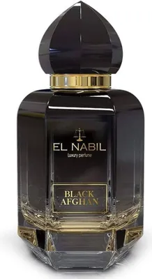 A product shot of a black and gold perfume bottle.