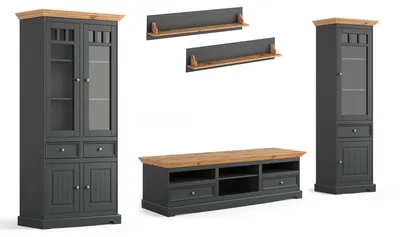Produktbild von Wohnwand Belluno Elegante Anbauwand 5-teilig Massivholz gebeizt Farbe wählbar,Kiefer Natur gebeizt / basaltgrau lackiert