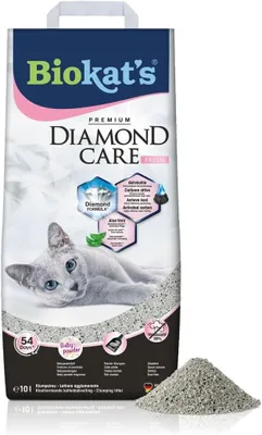 Produktbild von Katzenstreu – feine, klumpenbildende Bentonit-Granulate mit Aktivkohle und Aloe Vera – geruchsbindend
