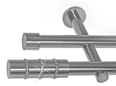 Produktbild von BASIT® Gardinenstange Set Edelstahl Look Metall Ø 19mm zur Wandbefestigung 2-lauf Kristall, Länge wählbar H29 E67 E61