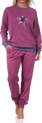 Produktbild von Kuscheliger Damen Pyjama mit Bündchen, Streifenoptik + Sternenmotiv - auch in Übergrössen ; beere , 36